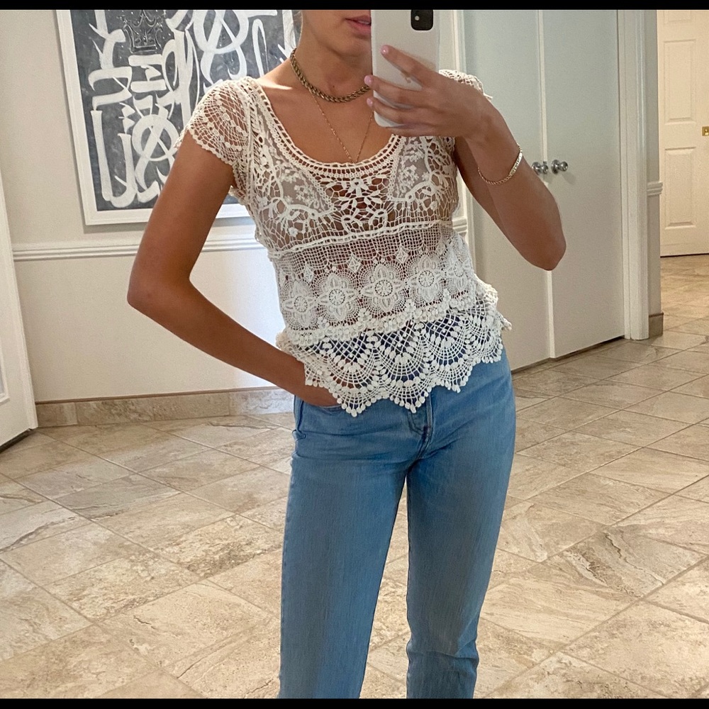 Forever 21 Crochet Capped Sleeve Shirt